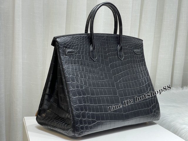 Hermes專櫃Birkin40CM手提男女包 愛馬仕非洲尼羅鱷鱷魚黑色蠟線手工縫製鉑金包 zhh1042